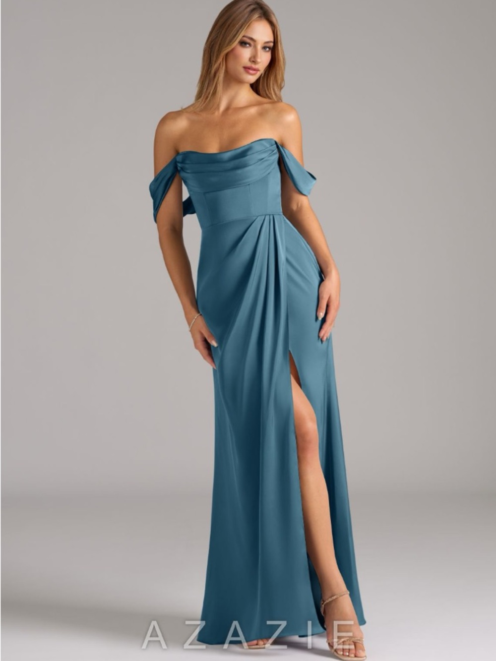 Azazie Teal One-Shoulder Draped Evening Gown